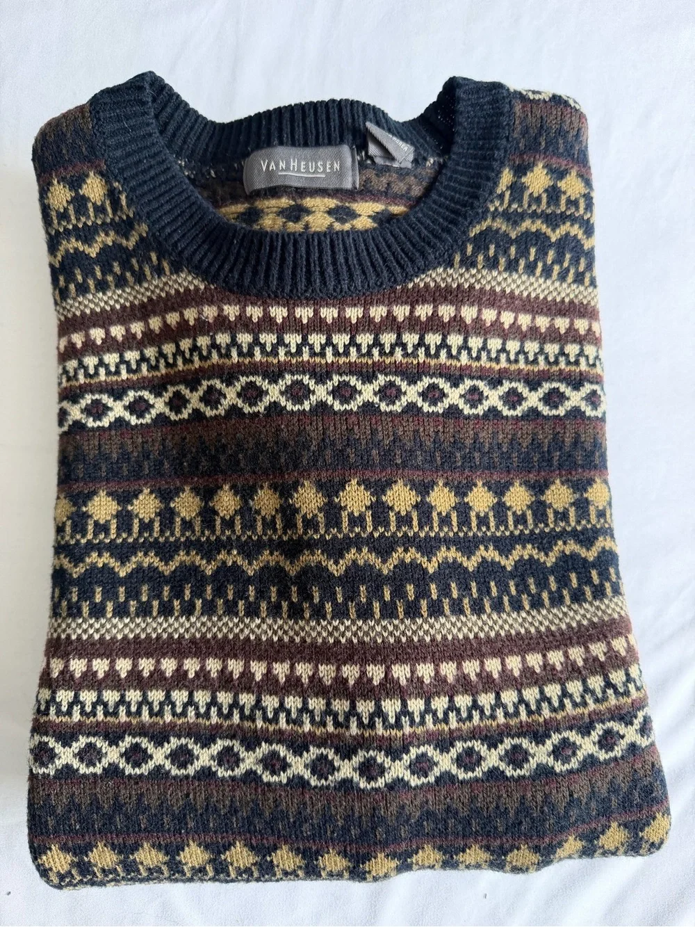 VTG Van Heusen Neutral Fair Isle Western Knit Crew Neck Grandpa Sweater